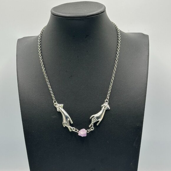 3/$30 Hand Necklace Silver Amethsyt Stone Connection Raw Gemstone Boho 16.5" - Picture 2 of 7